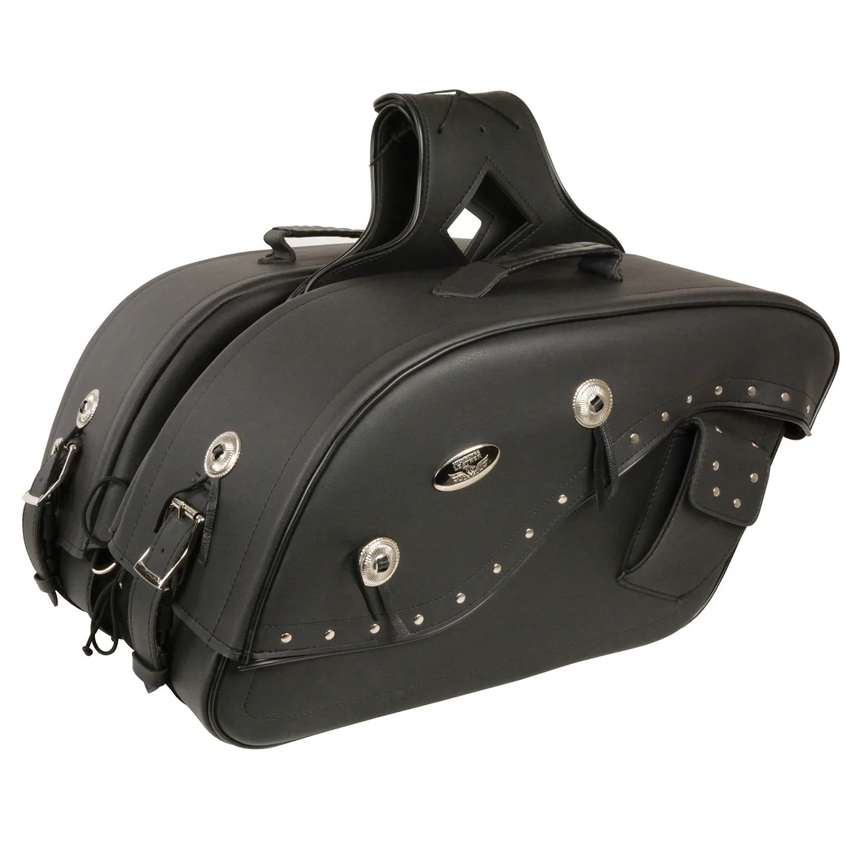 Milwaukee Leather MP8300 Black PVC Large Cruiser Style Riveted Throw Over Saddlebags 1 Milwaukee Leather MP8300 Black PVC Large Cruiser Style Riveted Throw Over Saddlebags