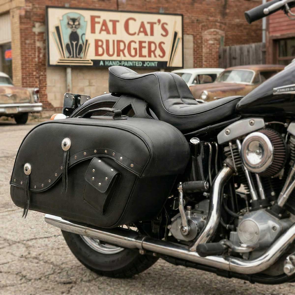 Milwaukee Leather MP8300 Black PVC Large Cruiser Style Riveted Throw Over Saddlebags 2 Milwaukee Leather MP8300 Black PVC Large Cruiser Style Riveted Throw Over Saddlebags