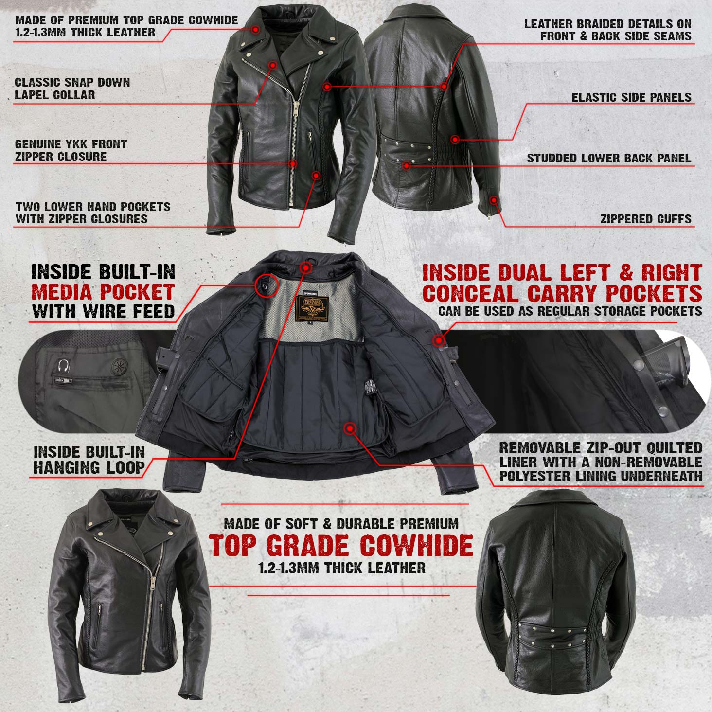Milwaukee Leather LKL27001 Women's Classic Braided Premium Black Leather Fitted Motorycle Riders Biker Jacket 2 Milwaukee Leather LKL27001 Women's Classic Braided Premium Black Leather Fitted Motorycle Riders Biker Jacket