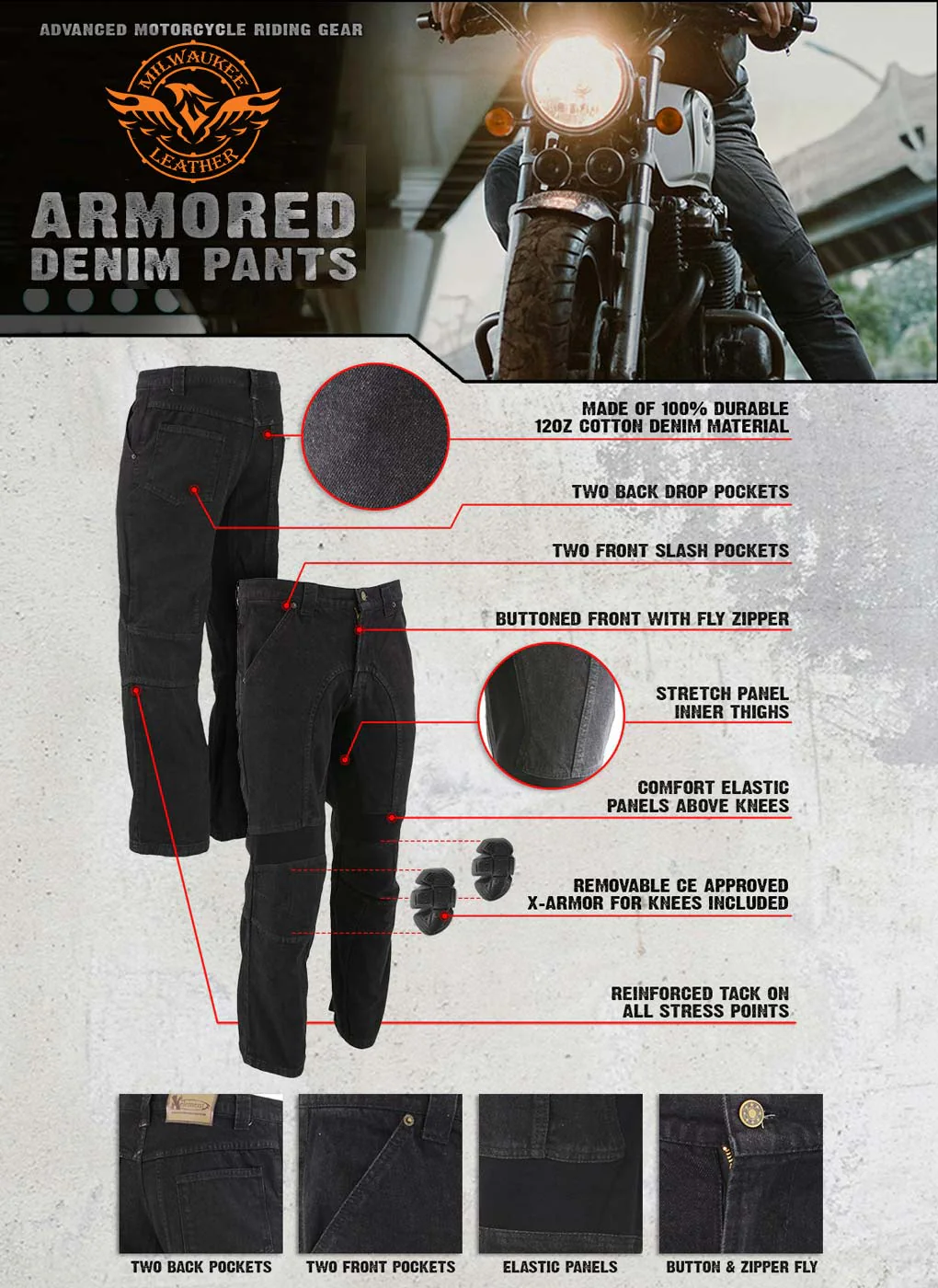 Milwaukee Leather MDM5014 Men's Classic Fit Black Denim Motorcycle Rider Racing Pants w/ CE Armor on Knees 9 Milwaukee Leather MDM5014 Men's Classic Fit Black Denim Motorcycle Rider Racing Pants w/ CE Armor on Knees