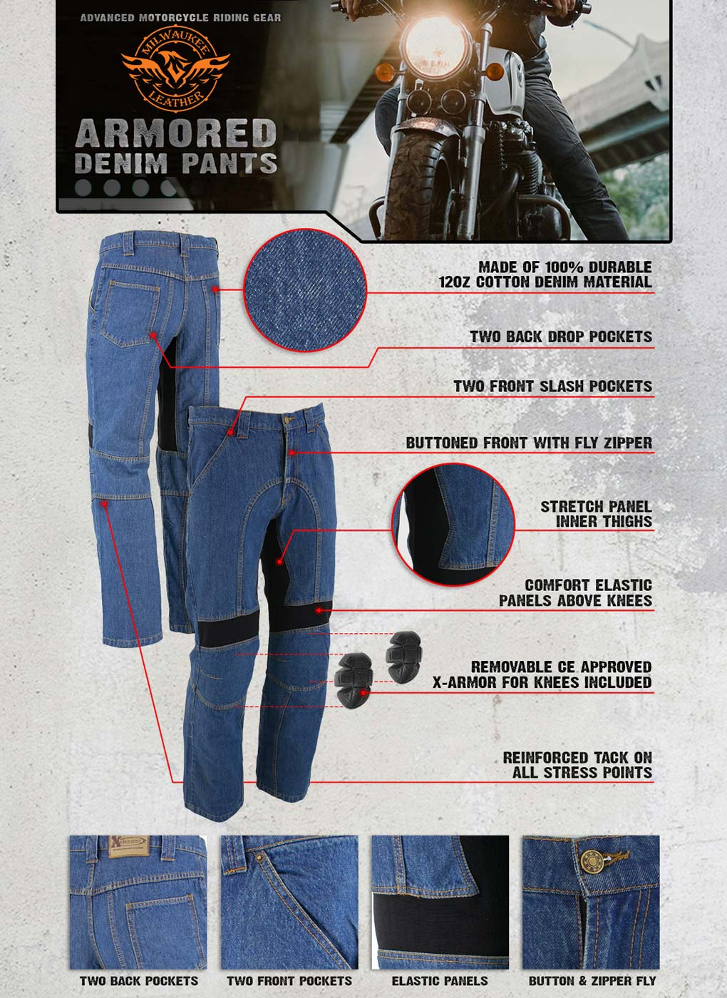 Milwaukee Leather MDM5015 Men's Classic Fit Blue Denim Motorcycle Rider Racing Pants w/ CE Armor on Knees 5 Milwaukee Leather MDM5015 Men's Classic Fit Blue Denim Motorcycle Rider Racing Pants w/ CE Armor on Knees