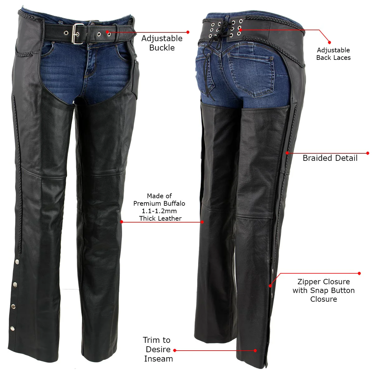 Milwaukee Leather LKM5725 Women's Braided Black Premium Leather Motorcycle Rider Chaps 2 Milwaukee Leather LKM5725 Women's Braided Black Premium Leather Motorcycle Rider Chaps