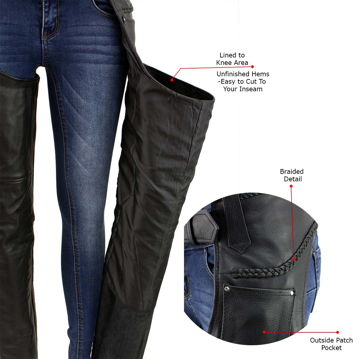Milwaukee Leather LKM5725 Women's Braided Black Premium Leather Motorcycle Rider Chaps 4 Milwaukee Leather LKM5725 Women's Braided Black Premium Leather Motorcycle Rider Chaps