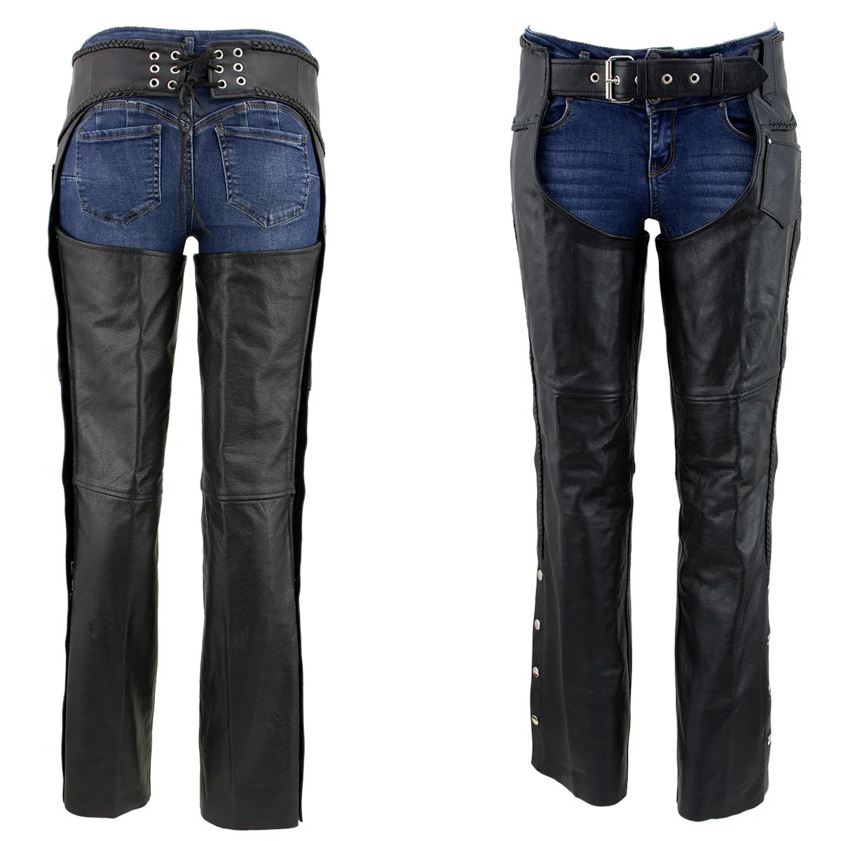 Milwaukee Leather LKM5725 Women's Braided Black Premium Leather Motorcycle Rider Chaps 6 Milwaukee Leather LKM5725 Women's Braided Black Premium Leather Motorcycle Rider Chaps
