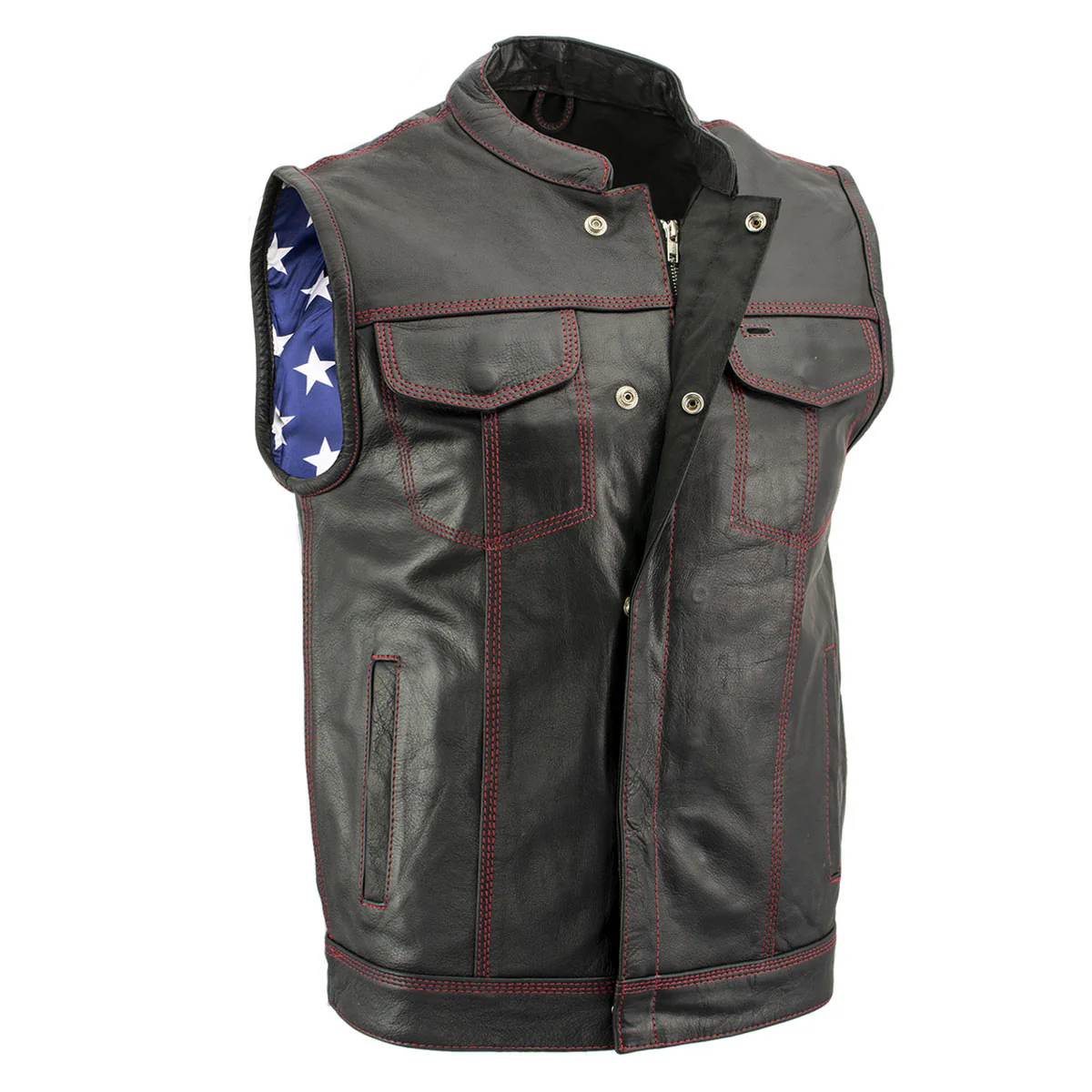 Milwaukee Leather LKM3780 Men's Black Premium Leather Motorcycle Rider Vest w/ Red Stitching and USA Inside Flag Lining 1 Milwaukee Leather LKM3780 Men's Black Premium Leather Motorcycle Rider Vest w/ Red Stitching and USA Inside Flag Lining