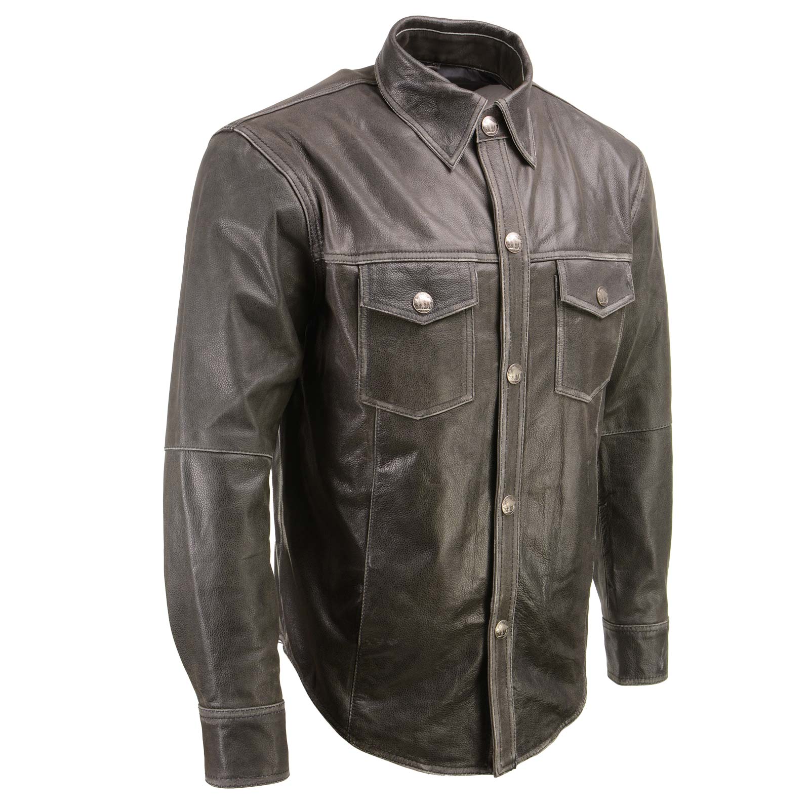 Milwaukee Leather MLM1612 Men's Distressed Grey Casual Biker Rider Leather Shirt w/ Vintage 5 Cent Buffalo Buttons 1 Milwaukee Leather MLM1612 Men's Distressed Grey Casual Biker Rider Leather Shirt w/ Vintage 5 Cent Buffalo Buttons