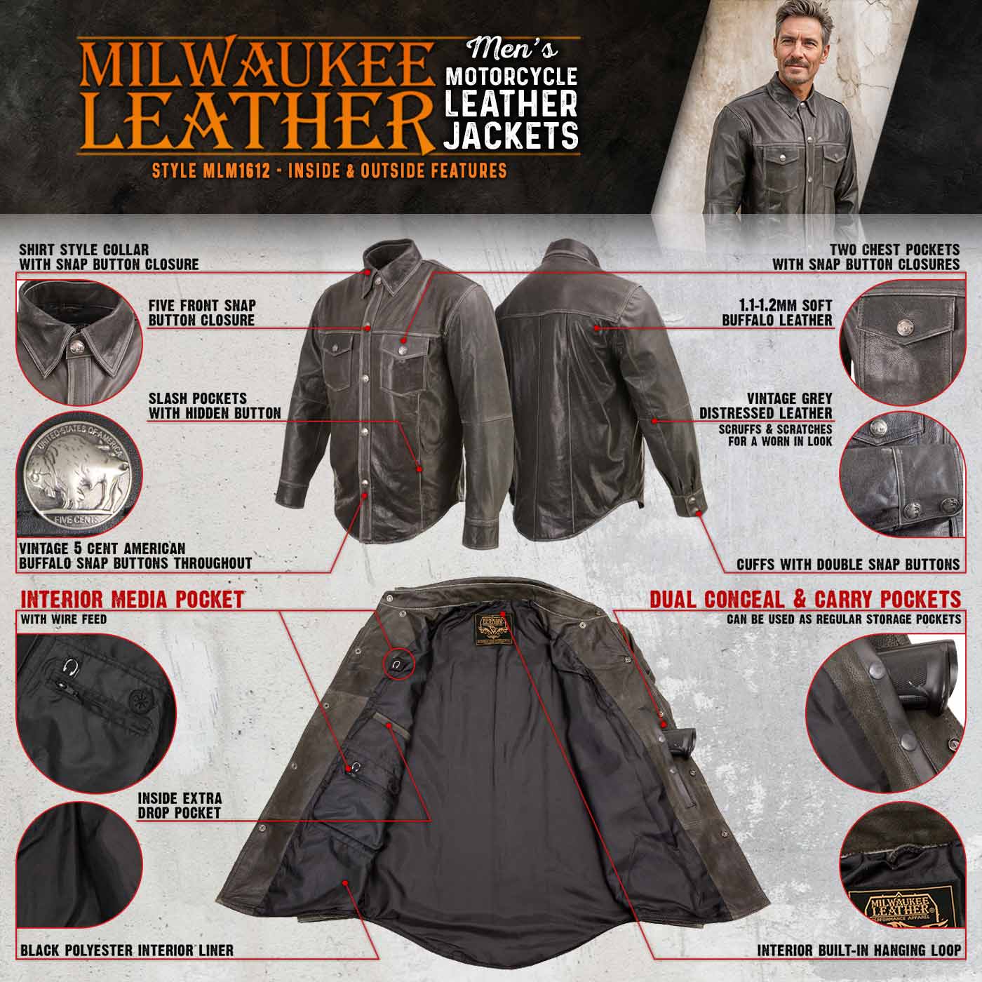 Milwaukee Leather MLM1612 Men's Distressed Grey Casual Biker Rider Leather Shirt w/ Vintage 5 Cent Buffalo Buttons 4 Milwaukee Leather MLM1612 Men's Distressed Grey Casual Biker Rider Leather Shirt w/ Vintage 5 Cent Buffalo Buttons