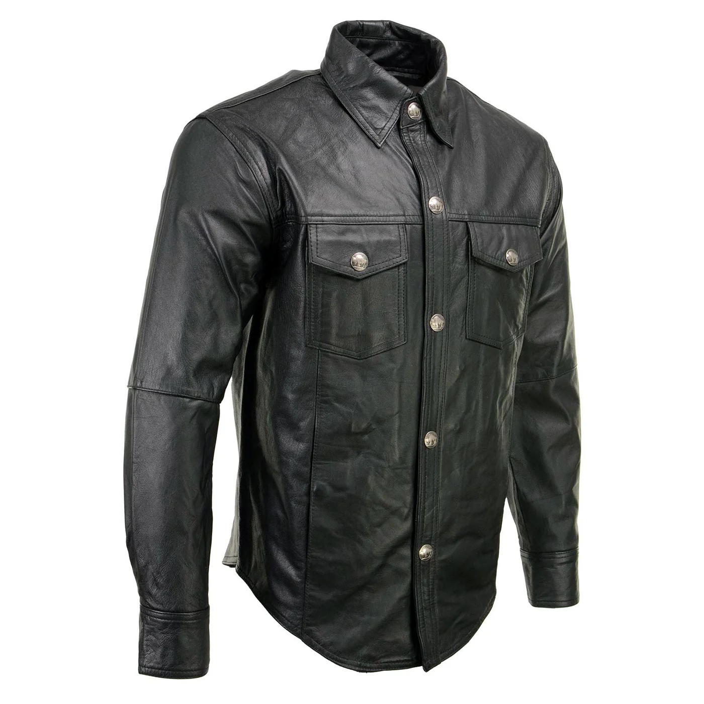 Milwaukee Leather MLM1611 Men's Premium Black Leather Casual Biker Rider Shirt w/ Vintage 5 Cent Buffalo Buttons 1 Milwaukee Leather MLM1611 Men's Premium Black Leather Casual Biker Rider Shirt w/ Vintage 5 Cent Buffalo Buttons