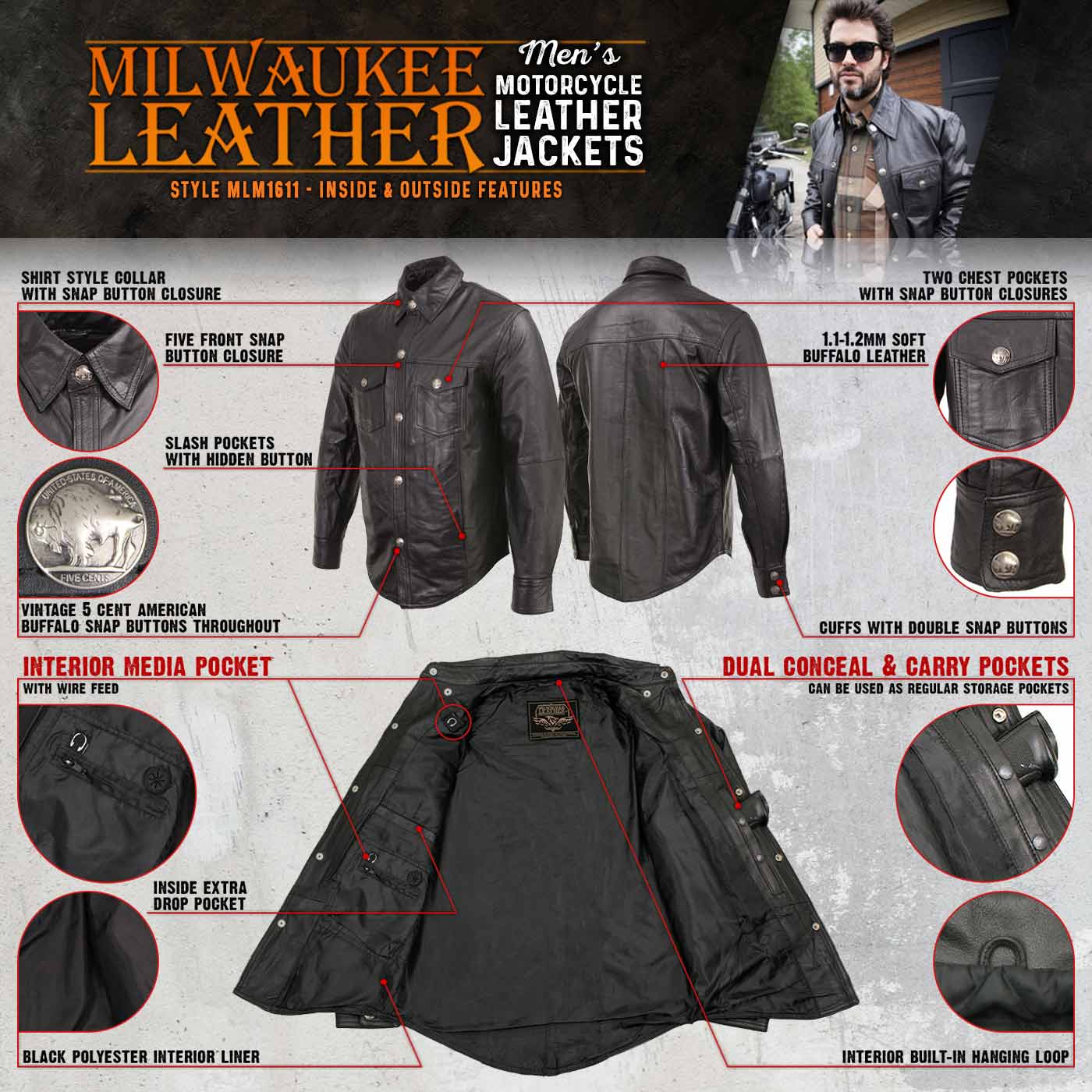 Milwaukee Leather MLM1611 Men's Premium Black Leather Casual Biker Rider Shirt w/ Vintage 5 Cent Buffalo Buttons 2 Milwaukee Leather MLM1611 Men's Premium Black Leather Casual Biker Rider Shirt w/ Vintage 5 Cent Buffalo Buttons
