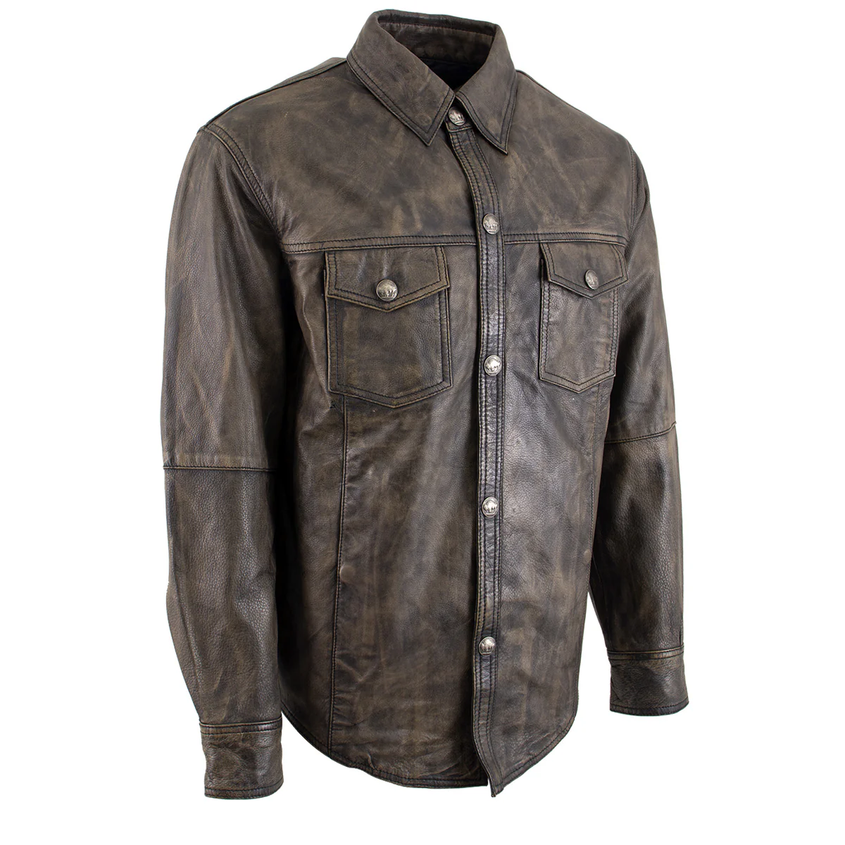 Milwaukee Leather MLM1613 Men's Distressed Brown Casual Biker Rider Leather Shirt w/ Vintage 5 Cent Buffalo Buttons 1 Milwaukee Leather MLM1613 Men's Distressed Brown Casual Biker Rider Leather Shirt w/ Vintage 5 Cent Buffalo Buttons