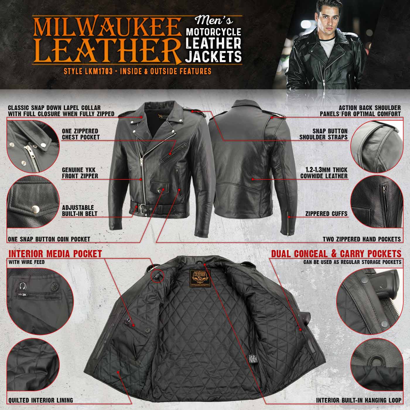 Milwaukee Leather LKM1703 Men's Classic Black Premium Leather Motorcycle Biker Rider Jacket 4 Milwaukee Leather LKM1703 Men's Classic Black Premium Leather Motorcycle Biker Rider Jacket