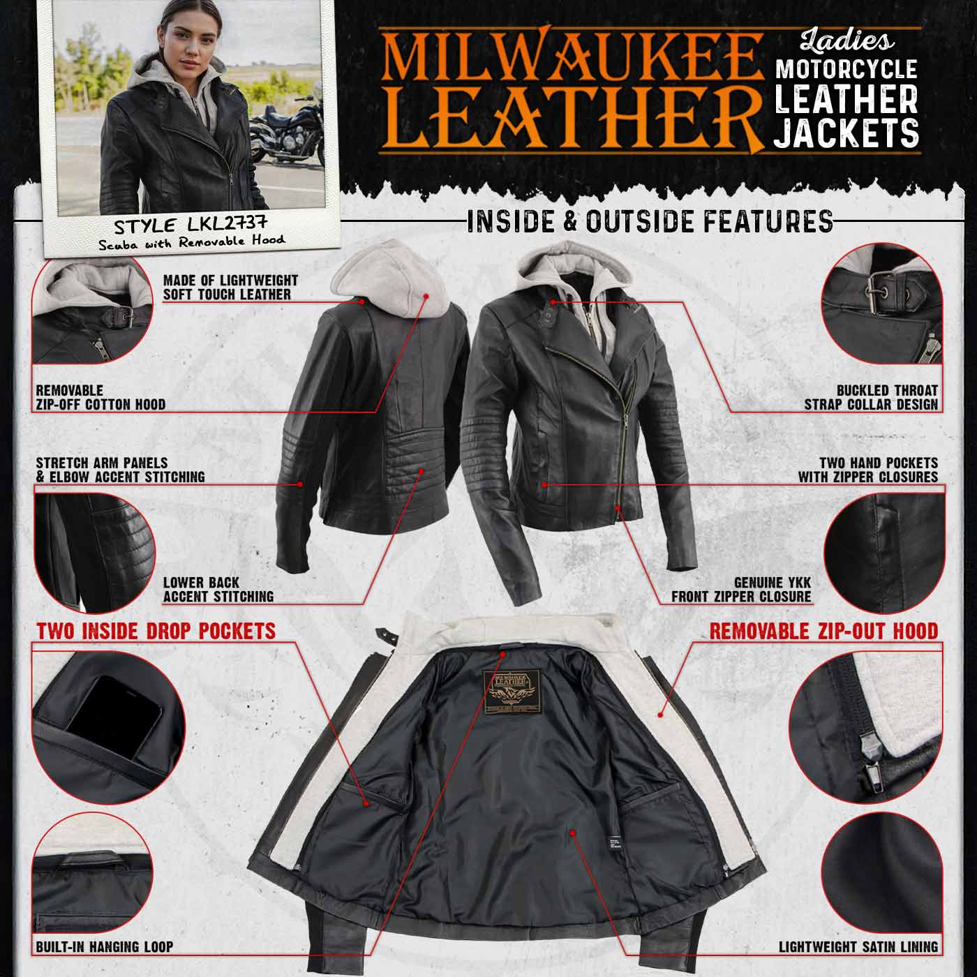 Milwaukee Leather LKL2737 Women's Black Premium Leather Motorcycle Biker Racer Style Scuba Jacket w/ Hoodie 2 Milwaukee Leather LKL2737 Women's Black Premium Leather Motorcycle Biker Racer Style Scuba Jacket w/ Hoodie