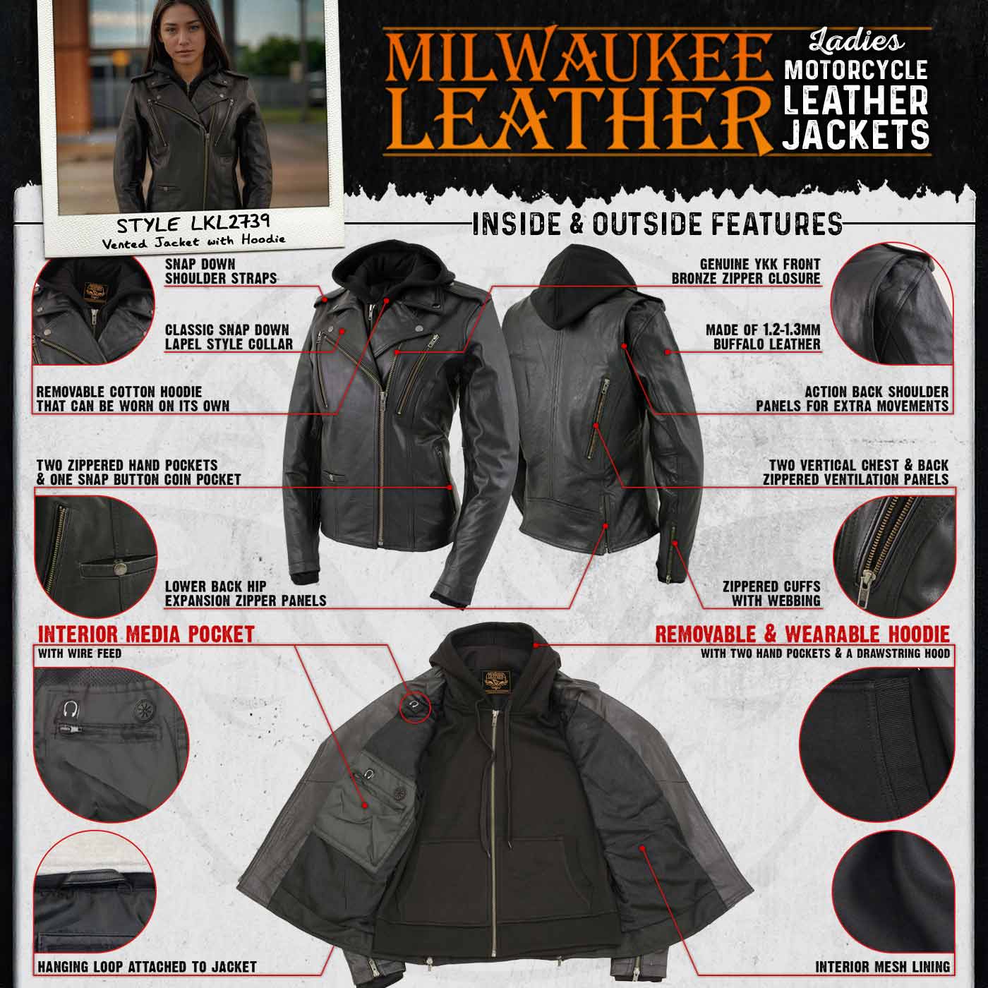Milwaukee Leather LKL2739 Women's Black Premium Leather Vented Motorcycle Biker Jacket w/ Hoodie 2 Milwaukee Leather LKL2739 Women's Black Premium Leather Vented Motorcycle Biker Jacket w/ Hoodie