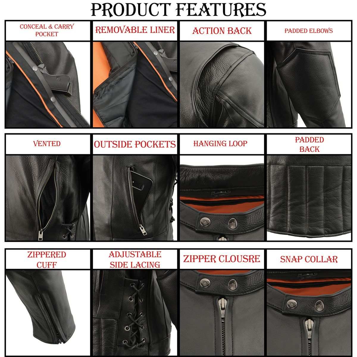 Milwaukee Leather SH1010 Men's 'Scooter' Black Vented Leather Jacket with Side Laces 5 Milwaukee Leather SH1010 Men's 'Scooter' Black Vented Leather Jacket with Side Laces