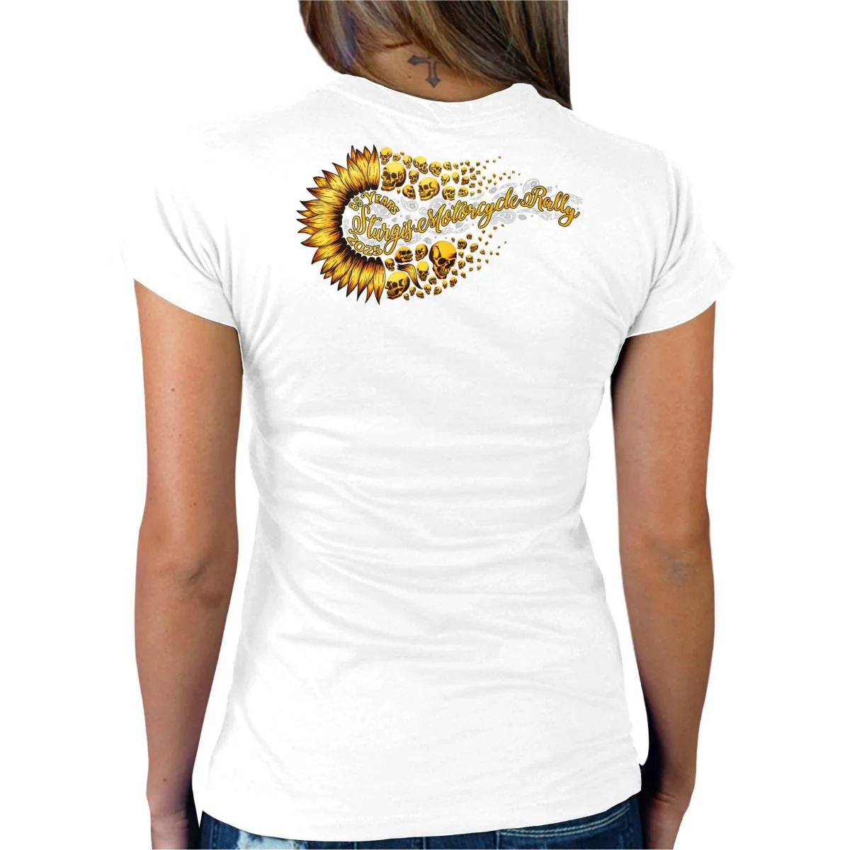 2025 Sturgis Women's Motorcycle Rally Sunflower Skulls White Ladies Tee 2 2025 Sturgis Women's Motorcycle Rally Sunflower Skulls White Ladies Tee