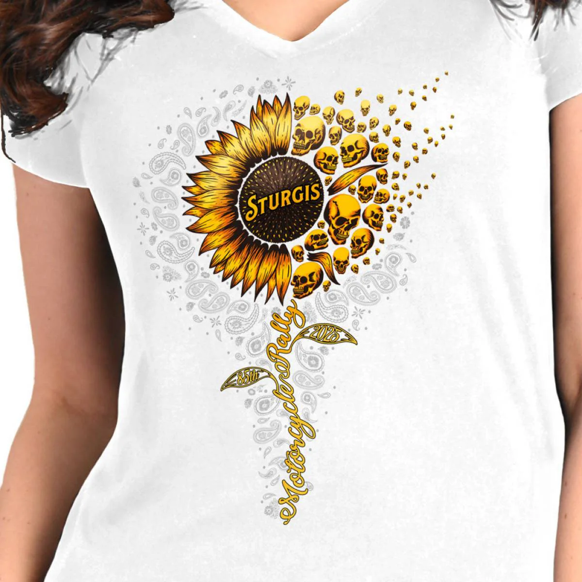 2025 Sturgis Women's Motorcycle Rally Sunflower Skulls White Ladies Tee 3 2025 Sturgis Women's Motorcycle Rally Sunflower Skulls White Ladies Tee