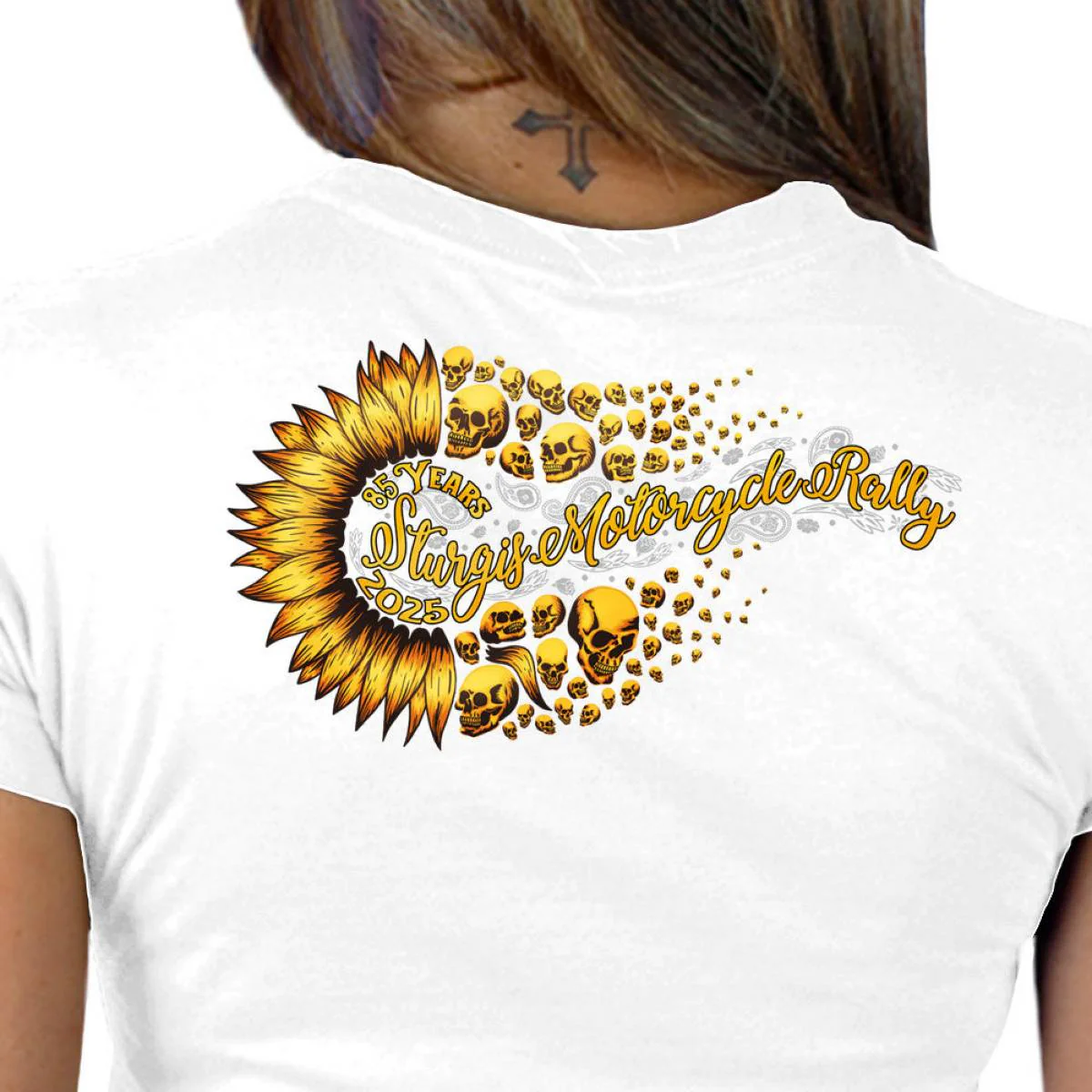 2025 Sturgis Women's Motorcycle Rally Sunflower Skulls White Ladies Tee 4 2025 Sturgis Women's Motorcycle Rally Sunflower Skulls White Ladies Tee