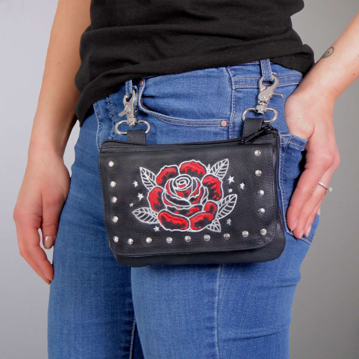 Hot Leathers CPE2103 Embroidered Clip Pouch Purse with Rose and Stars 3 Hot Leathers CPE2103 Embroidered Clip Pouch Purse with Rose and Stars