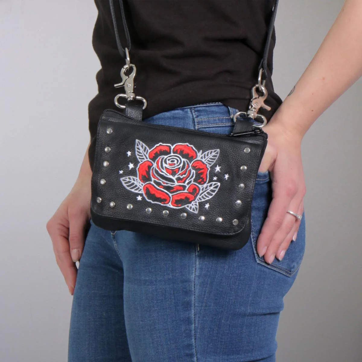Hot Leathers CPE2103 Embroidered Clip Pouch Purse with Rose and Stars 4 Hot Leathers CPE2103 Embroidered Clip Pouch Purse with Rose and Stars