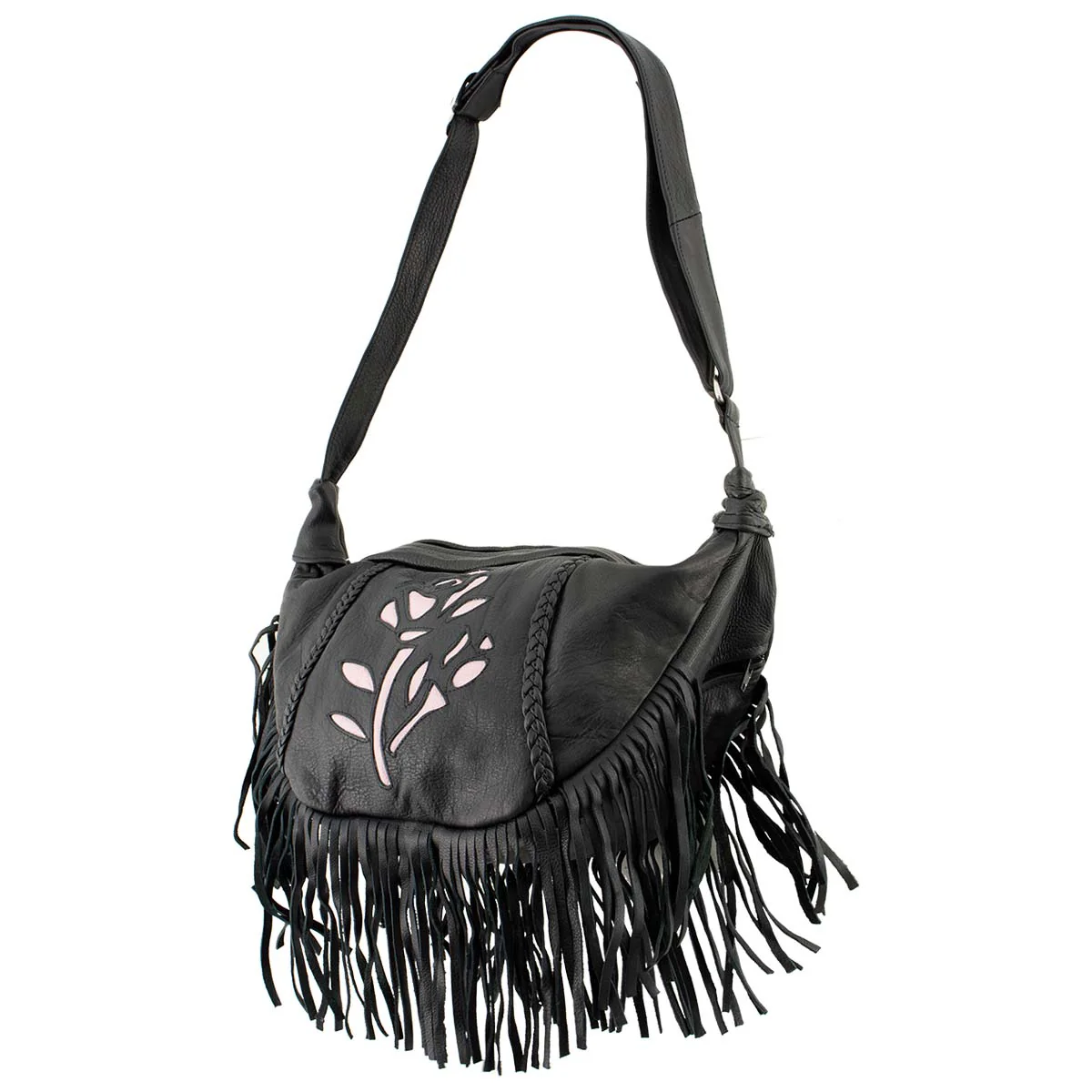 Milwaukee Leather SH397 Ladies 'Inlay Rose' Fringed Black and Pink Shoulder Bag 1 Milwaukee Leather SH397 Ladies 'Inlay Rose' Fringed Black and Pink Shoulder Bag