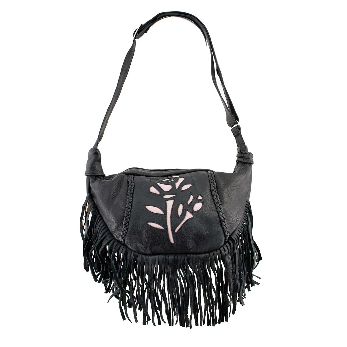 Milwaukee Leather SH397 Ladies 'Inlay Rose' Fringed Black and Pink Shoulder Bag 2 Milwaukee Leather SH397 Ladies 'Inlay Rose' Fringed Black and Pink Shoulder Bag