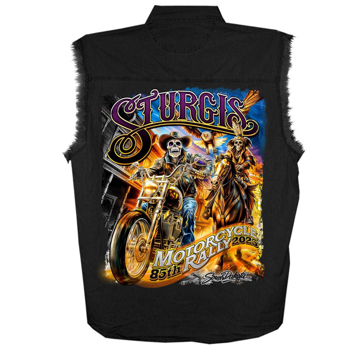 2025 Sturgis Men's Black Denim Motorcycle Rally #1 Ghost Rider Sleeveless Shirt 2 2025 Sturgis Men's Black Denim Motorcycle Rally #1 Ghost Rider Sleeveless Shirt