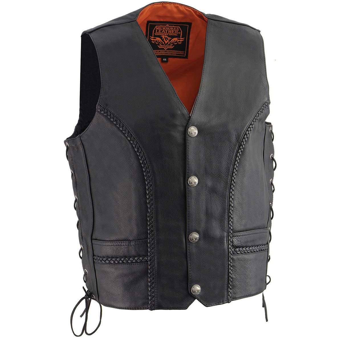 Milwaukee Leather ML1359 Men's Black Premium Leather Side Lace Motorcycle Rider Vest w/ Buffalo Nickel Snaps Closure 1 Milwaukee Leather ML1359 Men's Black Premium Leather Side Lace Motorcycle Rider Vest w/ Buffalo Nickel Snaps Closure