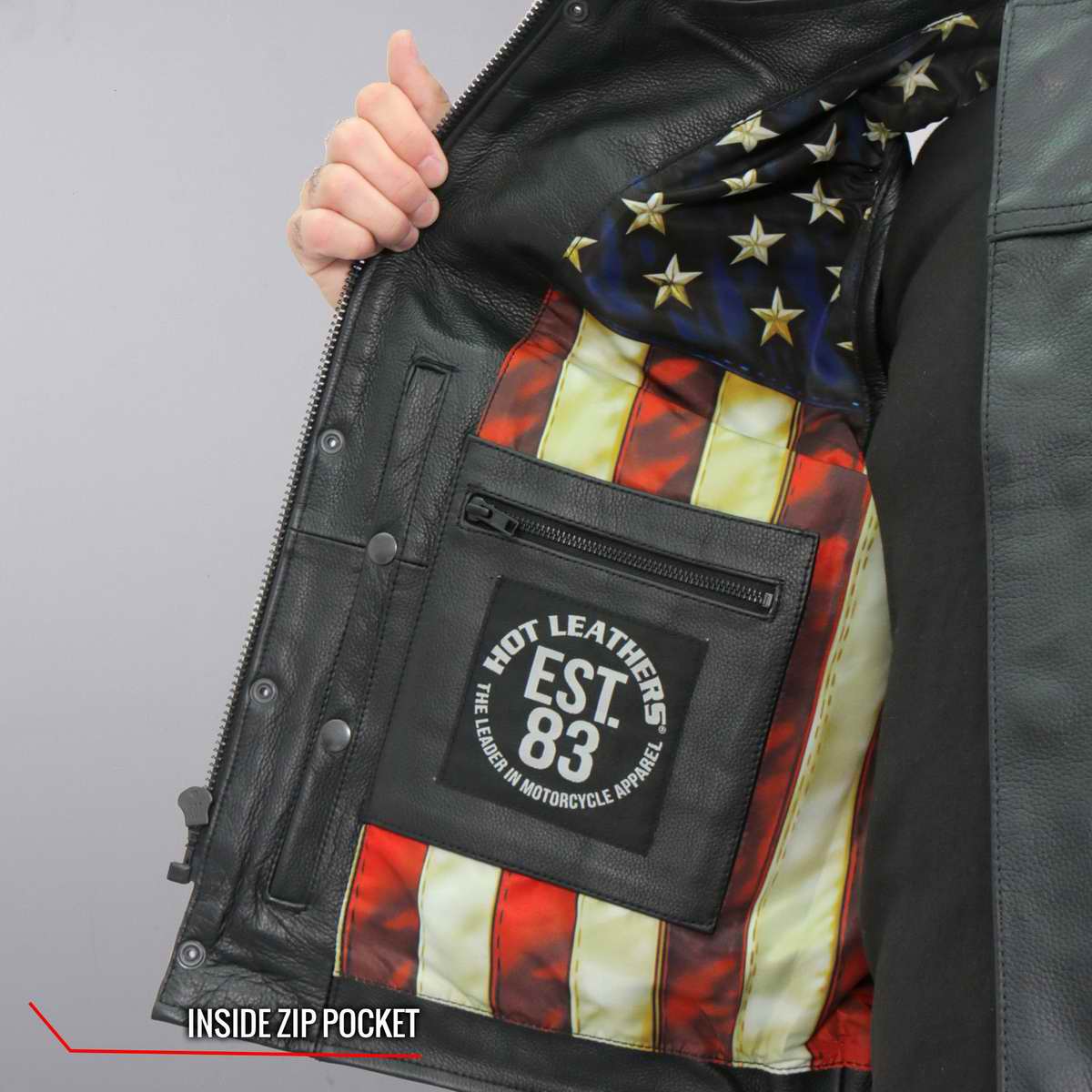 Hot Leathers VSM1056 Men's Black Vintage USA Flag Conceal and Carry Leather Vest 7 Hot Leathers VSM1056 Men's Black Vintage USA Flag Conceal and Carry Leather Vest