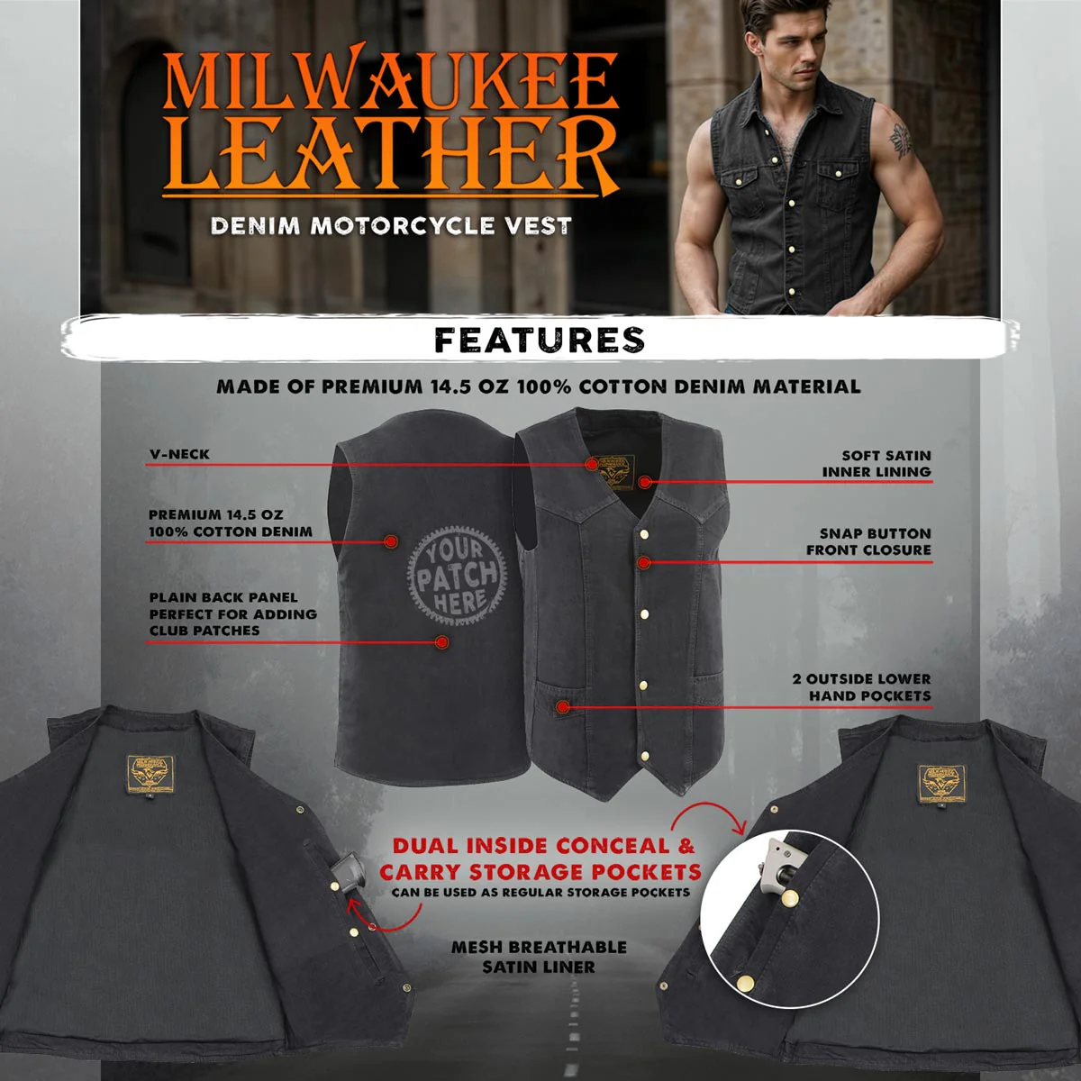 Milwaukee Leather DM1310 Men's Black Classic Denim Western Style Cowboy Biker Vest w/ Snap Button Closure 2 Milwaukee Leather DM1310 Men's Black Classic Denim Western Style Cowboy Biker Vest w/ Snap Button Closure