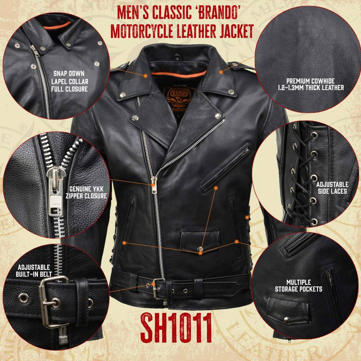 Milwaukee Leather SH1011TALL Black Classic Brando Motorcycle Jacket for Men Made of Cowhide Leather w/ Side Lacing 2 Milwaukee Leather SH1011TALL Black Classic Brando Motorcycle Jacket for Men Made of Cowhide Leather w/ Side Lacing