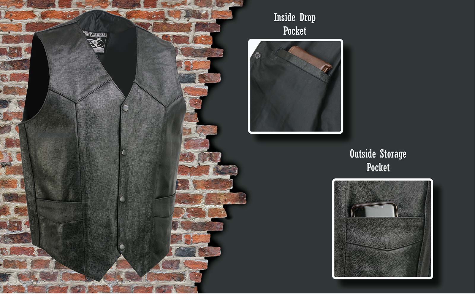 Event Leather EL5310 Men's Classic Black Leather Vest with Snap Button Closure 2 Event Leather EL5310 Men's Classic Black Leather Vest with Snap Button Closure