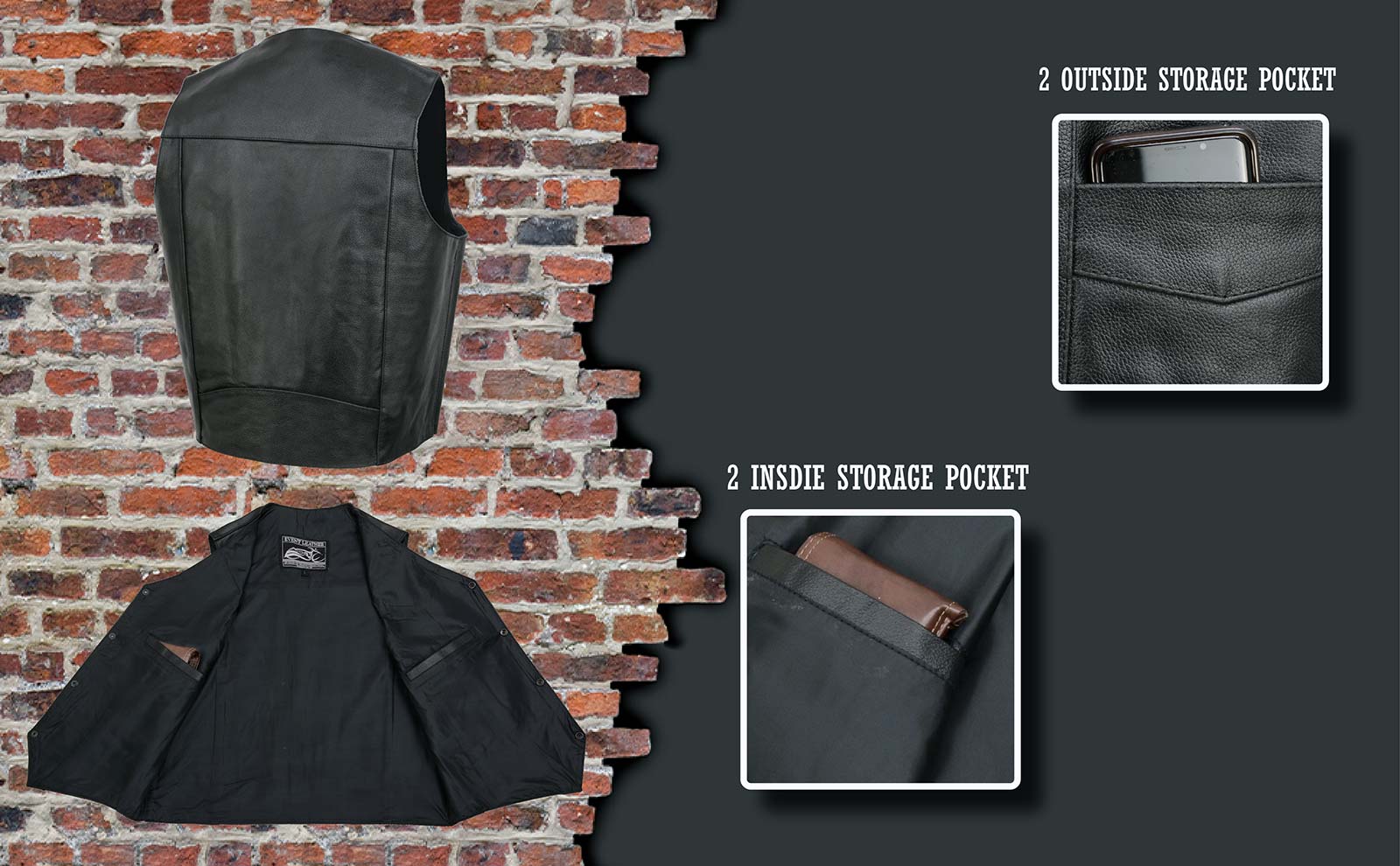Event Leather EL5310 Men's Classic Black Leather Vest with Snap Button Closure 4 Event Leather EL5310 Men's Classic Black Leather Vest with Snap Button Closure