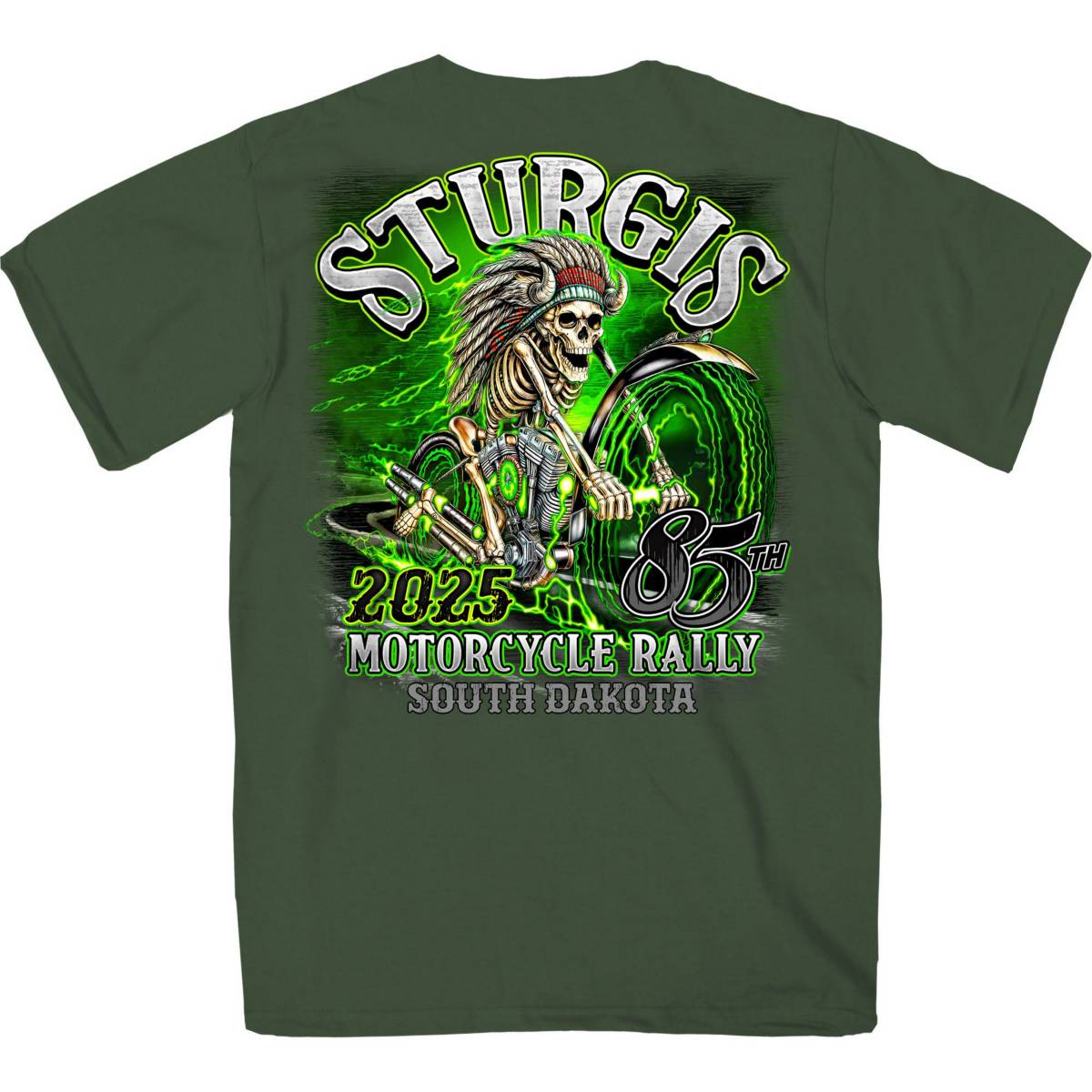 2025 Sturgis Motorcycle Rally Skeleton Chief Military Green Men's T-Shirt 2 2025 Sturgis Motorcycle Rally Skeleton Chief Military Green Men's T-Shirt