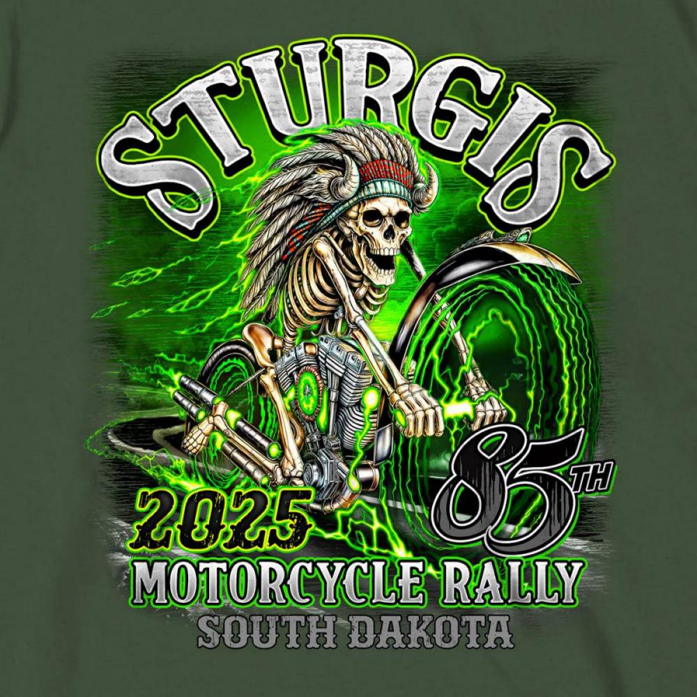 2025 Sturgis Motorcycle Rally Skeleton Chief Military Green Men's T-Shirt 5 2025 Sturgis Motorcycle Rally Skeleton Chief Military Green Men's T-Shirt
