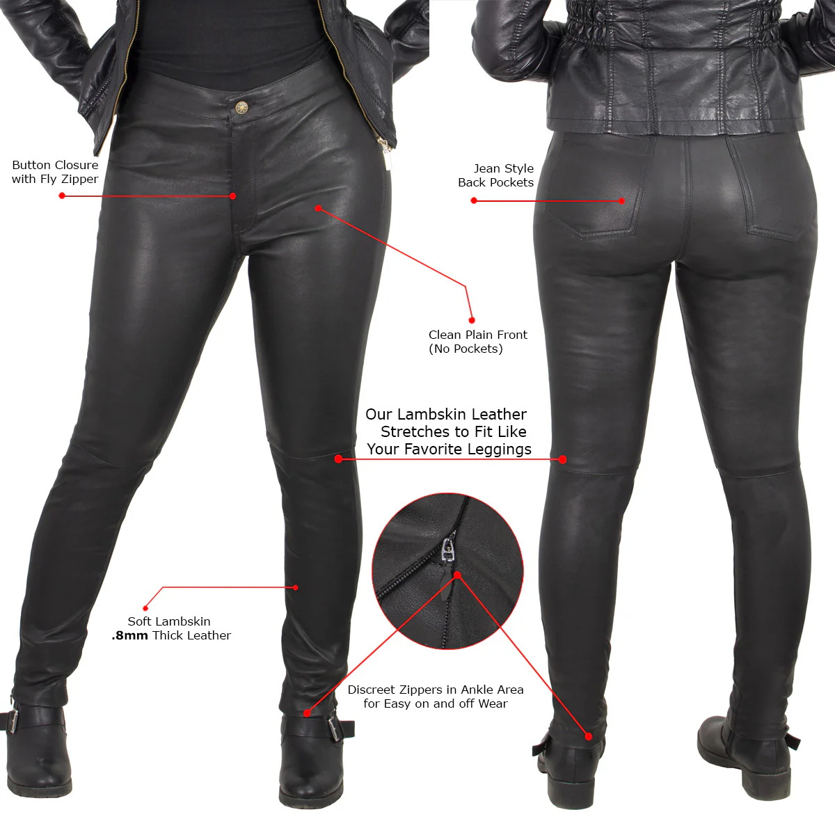 Milwaukee Leather MLL6690 'Sandy' Women’s Black Lambskin Stretch Leather Pants 5 Milwaukee Leather MLL6690 'Sandy' Women’s Black Lambskin Stretch Leather Pants