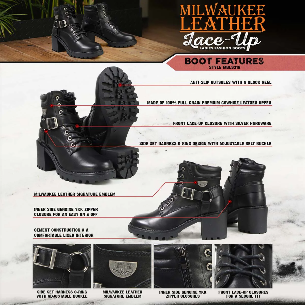 Milwaukee Leather MBL9316 Women's Black Leather Lace-Up Motorcycle Biker Riding Boot with Harness Ring 2 Milwaukee Leather MBL9316 Women's Black Leather Lace-Up Motorcycle Biker Riding Boot with Harness Ring