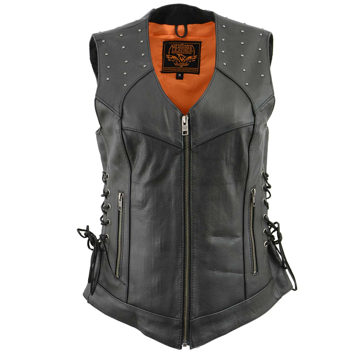 Milwaukee Leather MLL4504 Women's Classic Black Leather V-Neck Riveted Motorcycle Rider Vest with Side Lace 10 Milwaukee Leather MLL4504 Women's Classic Black Leather V-Neck Riveted Motorcycle Rider Vest with Side Lace