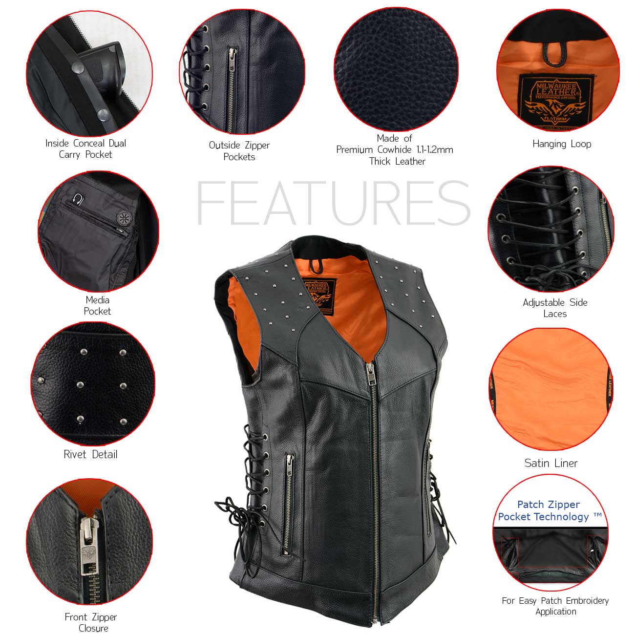 Milwaukee Leather MLL4504 Women's Classic Black Leather V-Neck Riveted Motorcycle Rider Vest with Side Lace 2 Milwaukee Leather MLL4504 Women's Classic Black Leather V-Neck Riveted Motorcycle Rider Vest with Side Lace