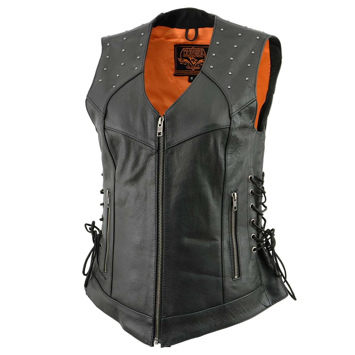 Milwaukee Leather MLL4504 Women's Classic Black Leather V-Neck Riveted Motorcycle Rider Vest with Side Lace 8 Milwaukee Leather MLL4504 Women's Classic Black Leather V-Neck Riveted Motorcycle Rider Vest with Side Lace