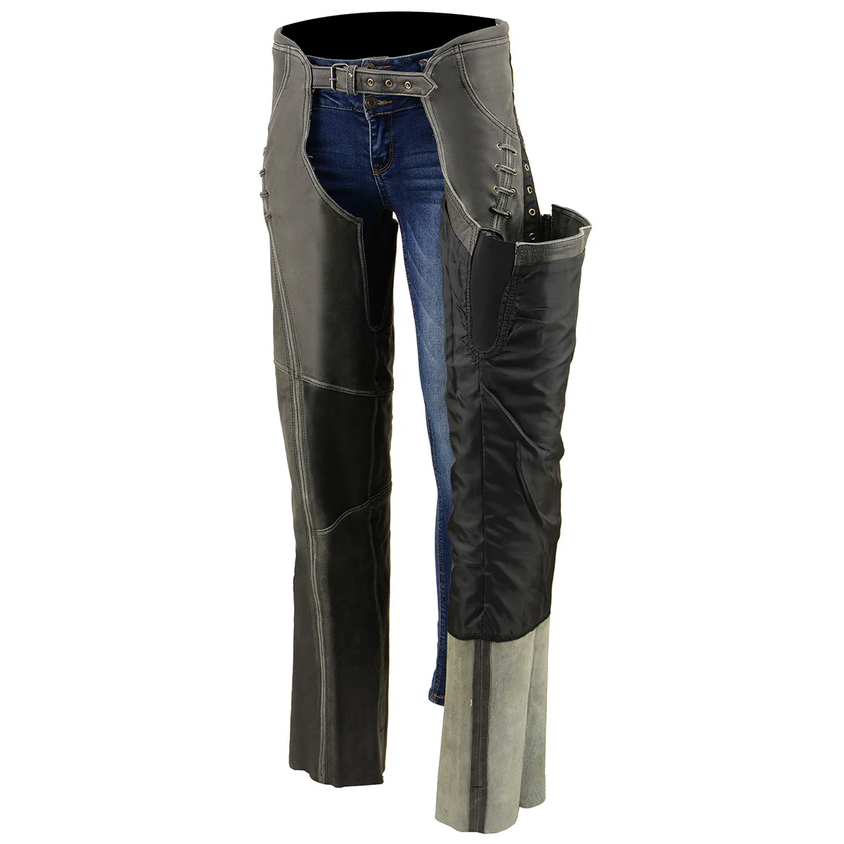 Milwaukee Leather Women Distress Grey Premium Leather Motorcycle Chaps w/ Accent Lace Details MLL6536 4 Milwaukee Leather Women Distress Grey Premium Leather Motorcycle Chaps w/ Accent Lace Details MLL6536
