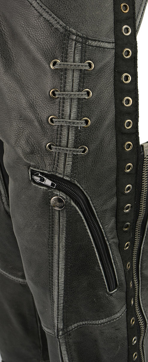 Milwaukee Leather Women Distress Grey Premium Leather Motorcycle Chaps w/ Accent Lace Details MLL6536 5 Milwaukee Leather Women Distress Grey Premium Leather Motorcycle Chaps w/ Accent Lace Details MLL6536