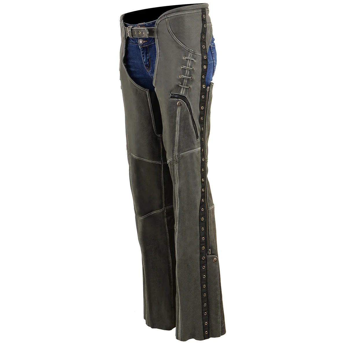 Milwaukee Leather Women Distress Grey Premium Leather Motorcycle Chaps w/ Accent Lace Details MLL6536 6 Milwaukee Leather Women Distress Grey Premium Leather Motorcycle Chaps w/ Accent Lace Details MLL6536
