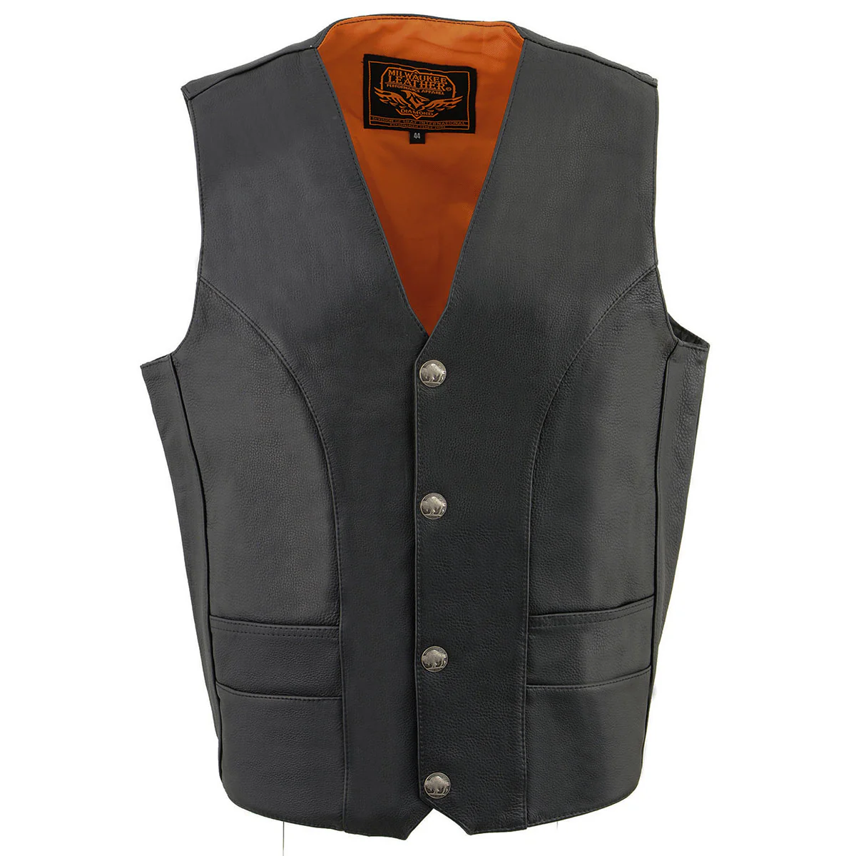 Milwaukee Leather ML1368 Men's Black Premium Leather V-Neck Motorcycle Rider Vest w/ Buffalo Nickel Snaps Closure 1 Milwaukee Leather ML1368 Men's Black Premium Leather V-Neck Motorcycle Rider Vest w/ Buffalo Nickel Snaps Closure