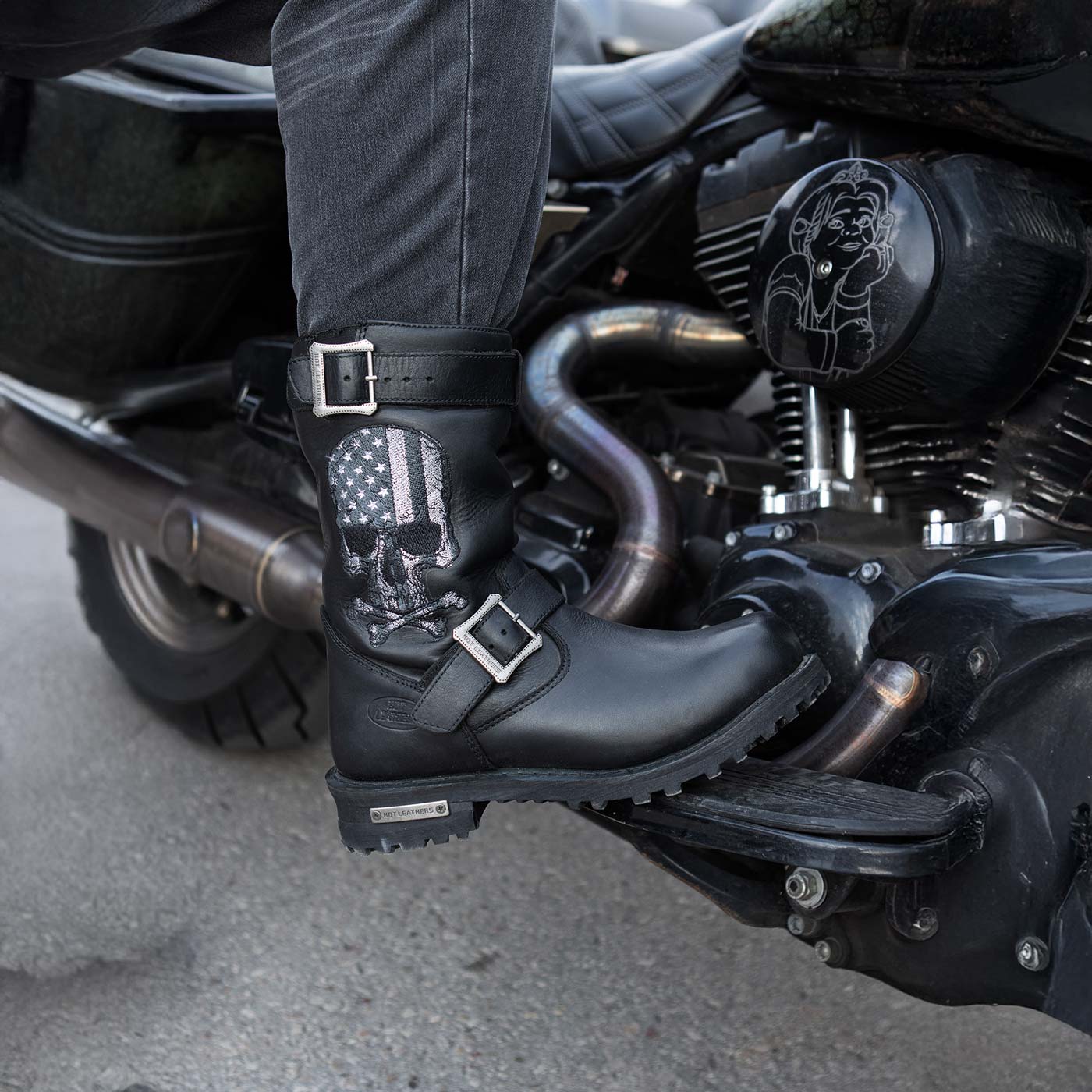 Hot Leathers BTM1018 Men’s Black Tall Harness Flag Skull Boot with Round Toe 2 Hot Leathers BTM1018 Men’s Black Tall Harness Flag Skull Boot with Round Toe