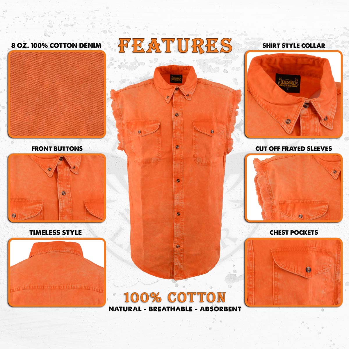 Milwaukee Leather MDM11682 Men’s Classic Orange/Beige Button-Down Cut Off Frayed Sleeveless Casual Shirt 2 Milwaukee Leather MDM11682 Men’s Classic Orange/Beige Button-Down Cut Off Frayed Sleeveless Casual Shirt