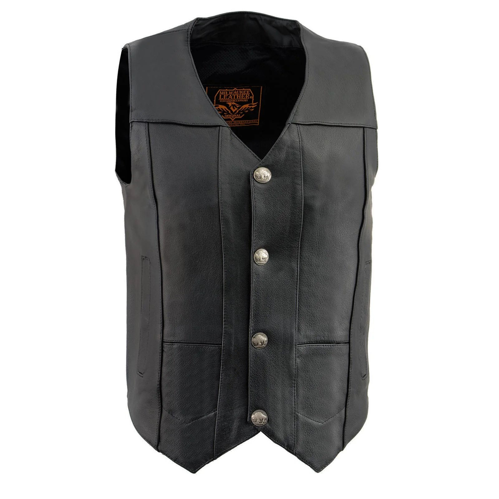Milwaukee Leather LKM3700 Men's Classic Black Leather Motorcycle Rider Vest w/ Buffalo Nickel Snaps Closure 1 Milwaukee Leather LKM3700 Men's Classic Black Leather Motorcycle Rider Vest w/ Buffalo Nickel Snaps Closure