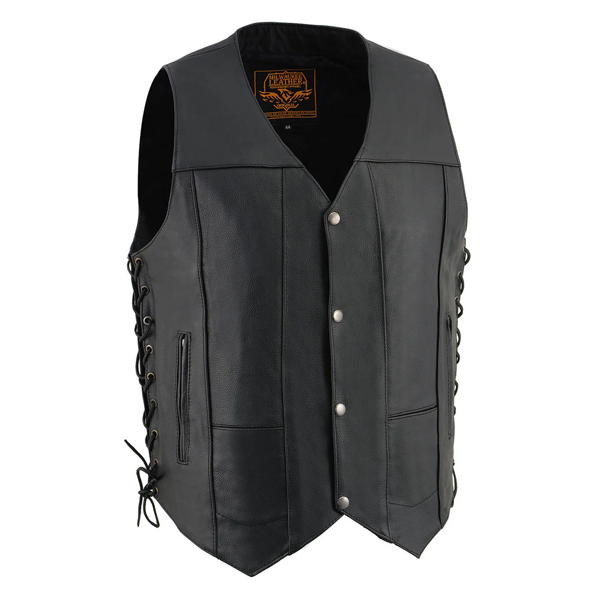 Milwaukee Leather SH1391 Men's Black Leather 10 Pocket V-Neck Side Lace Motorcycle Rider Vest w/ Front Snap Closure 1 Milwaukee Leather SH1391 Men's Black Leather 10 Pocket V-Neck Side Lace Motorcycle Rider Vest w/ Front Snap Closure
