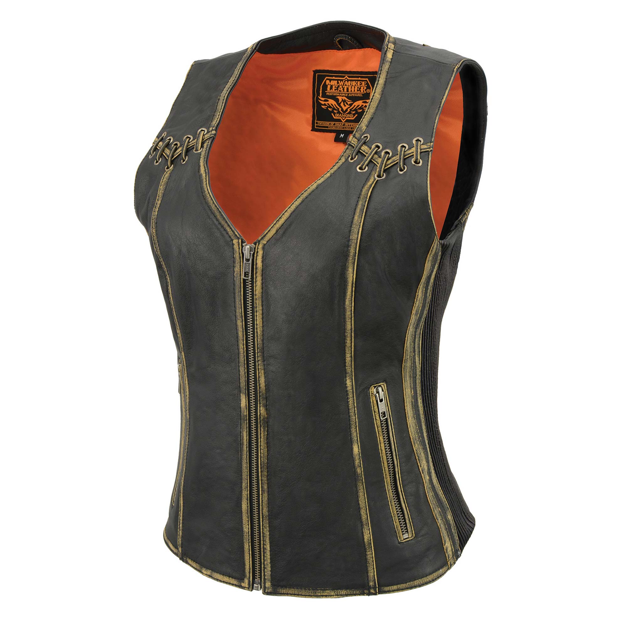 Milwaukee Leather MLL4527 Women's Stretch Side Panel Distress Brown Leather Motorcycle Rider Vest w/ Lacing Detail 9 Milwaukee Leather MLL4527 Women's Stretch Side Panel Distress Brown Leather Motorcycle Rider Vest w/ Lacing Detail