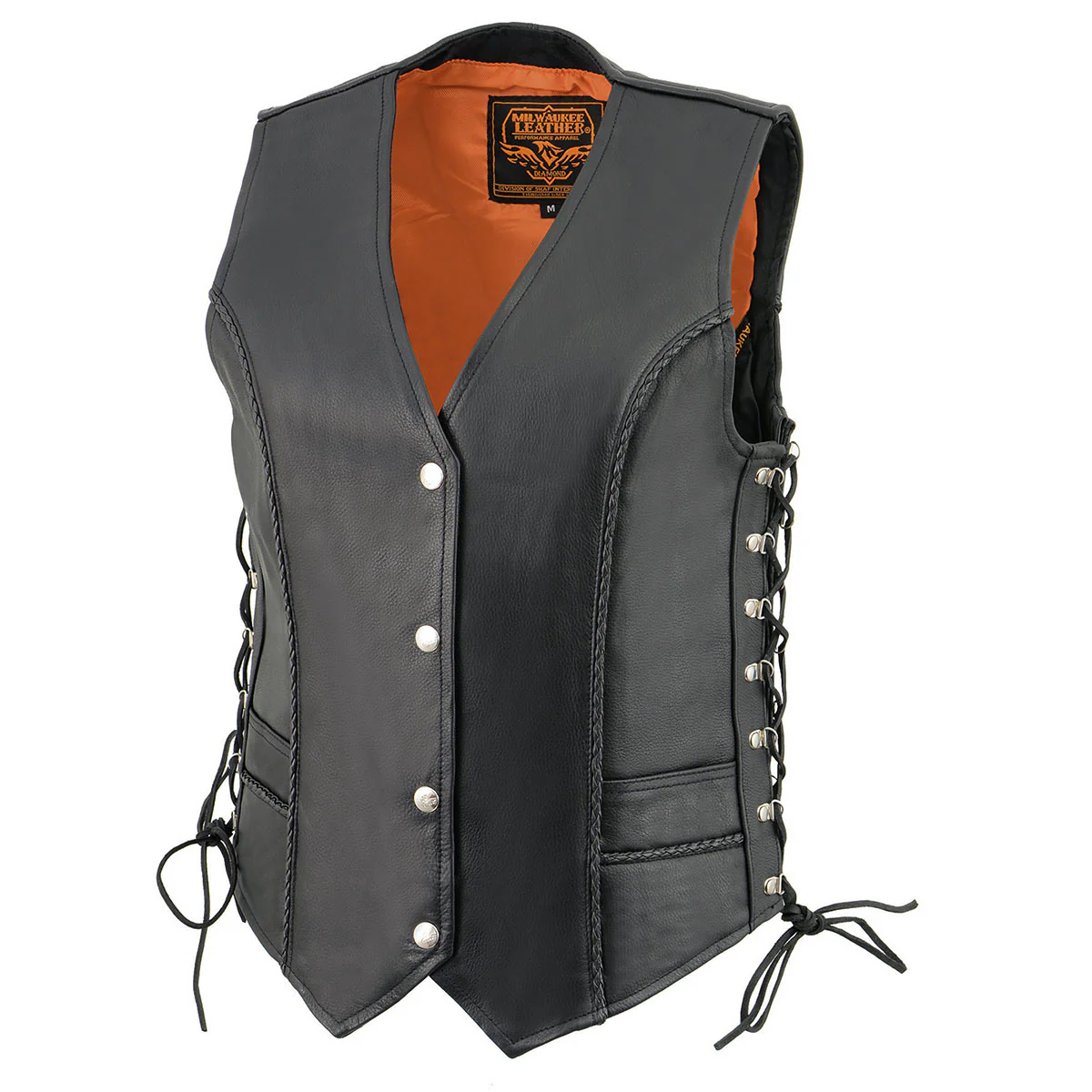 Milwaukee Leather ML2042 Women's Black Braided Premium Leather Motorcycle Rider Vest w/ Side Laces 5 Milwaukee Leather ML2042 Women's Black Braided Premium Leather Motorcycle Rider Vest w/ Side Laces