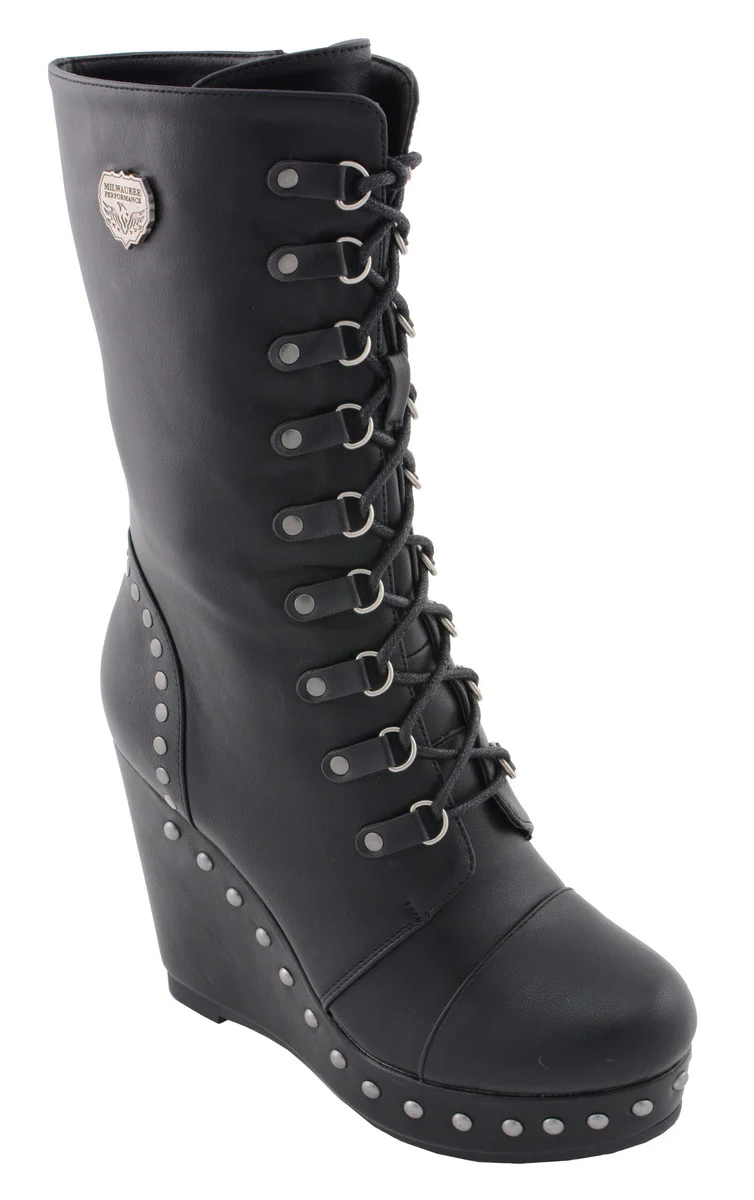 Milwaukee Leather MBL9438 Women's Black Tall Lace-Up Fashion Casual Boots with Platform Wedge 2 Milwaukee Leather MBL9438 Women's Black Tall Lace-Up Fashion Casual Boots with Platform Wedge